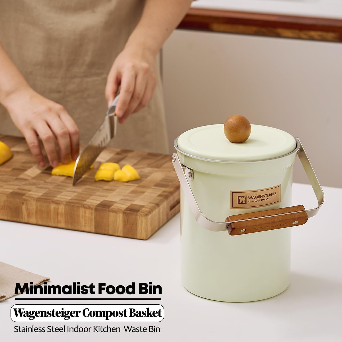 Kitchen Countertop Compost Bin 101Ounces / 3Liter with Airtight Lid, SUS304 Stainless Steel Odor-Free Food Waste Bin with Wooden Handle Stylish Design/Bathroon Trash Can (Mint Green)