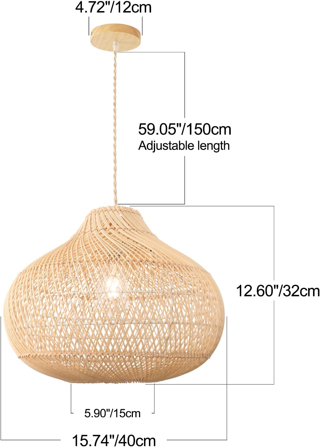 LynPon Rattan Boho Pendant Lights, 15.74'' Large Kitchen Island Wicker Chandelier, Hand Woven Farmhouse Pendant Light Fixture, Modern Hanging Chandeliers for Dining Room Foyer Entryway Bedroom Hallway