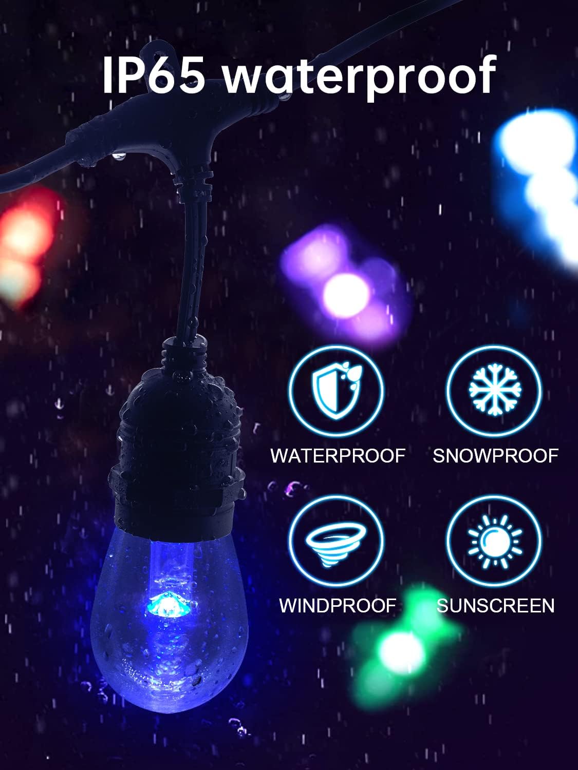 Commercial Grade 48FT LED Outdoor String Lights with Remote Control - 15 Shatterproof Bulbs Waterproof Color Changing Christmas Lights, Dimmable for Patio, Garden, Wedding Decor