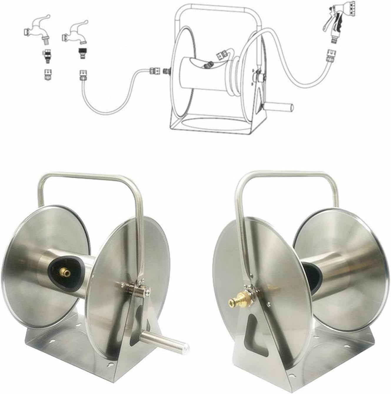 Stainless Steel Garden Hose Reel, Wall Mount or Floor Mounted with 3/4 Inch Brass Fittings Lead hose, 165 Ft Capacity with portable hose reels & Crank Handle
