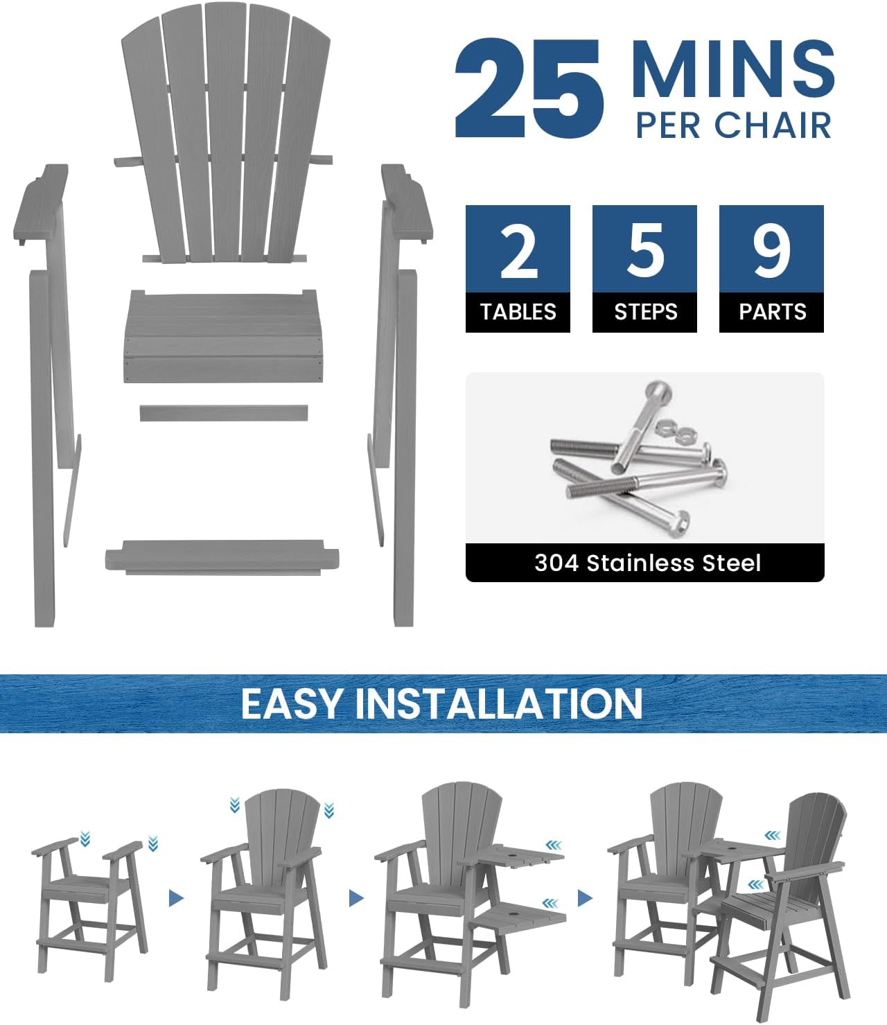 Ciokea Tall Adirondack Chairs Set of 2, HDPE Outdoor Adirondack Bar Stools with Double Connecting Tray, Weather Resistant High Back Adirondack Balcony Chairs for Deck, Lawn, Pool, Backyard, Grey