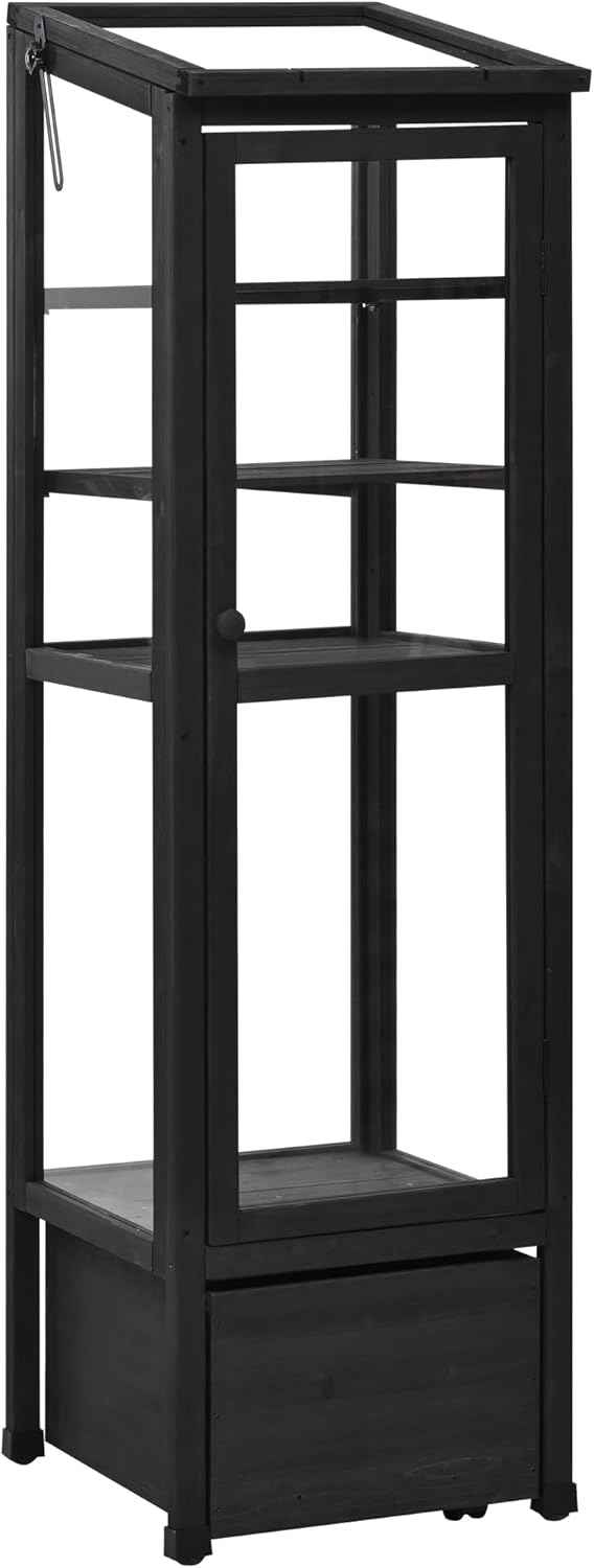 62.4inch Height Wood Garden Greenhouse Balcony Portable Mini Cold Frame with Movable Storage Box and Adjustable Shelves for Outdoor Indoor Use Black