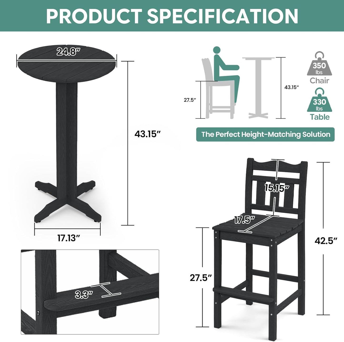 3-Piece Outdoor Bar Set, HDPE Adirondack Bar Height Chairs Set of 2 and Round Bar Table, All Weather Patio Bistro Set for Balcony, Poolside, Backyard (Black)
