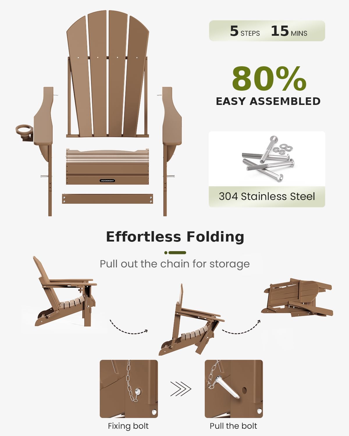 MUCHENGHY Folding Adirondack Chairs 6 Pack, Patio Chairs, Lawn Chairs, Outdoor Chairs, Adirondack Chair Plastic, Fire Pit Chairs, Weather Resistant with Cup Holder for Deck, Backyard, Garden(Teak)