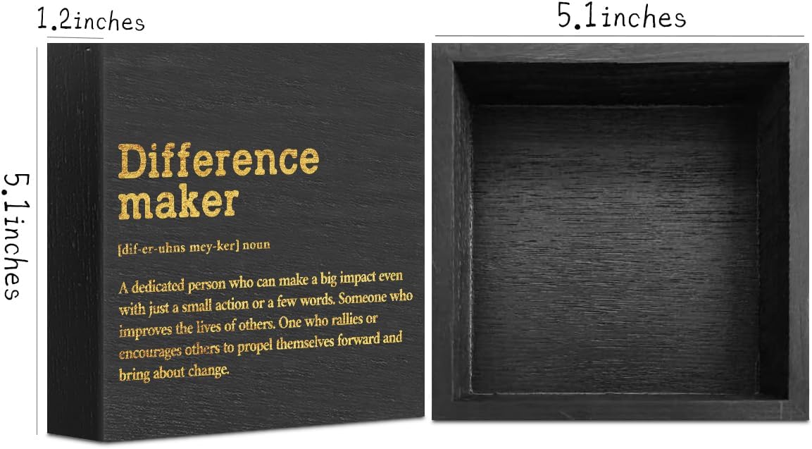 Difference Maker Definition Home Office Decor Wooden Box Sign, Appreciation Gifts for Teacher Nurse Boss Coworker Cubicle Desk Accessories Table Shelf Plaque Sign, Motivational Wall Decor, Black