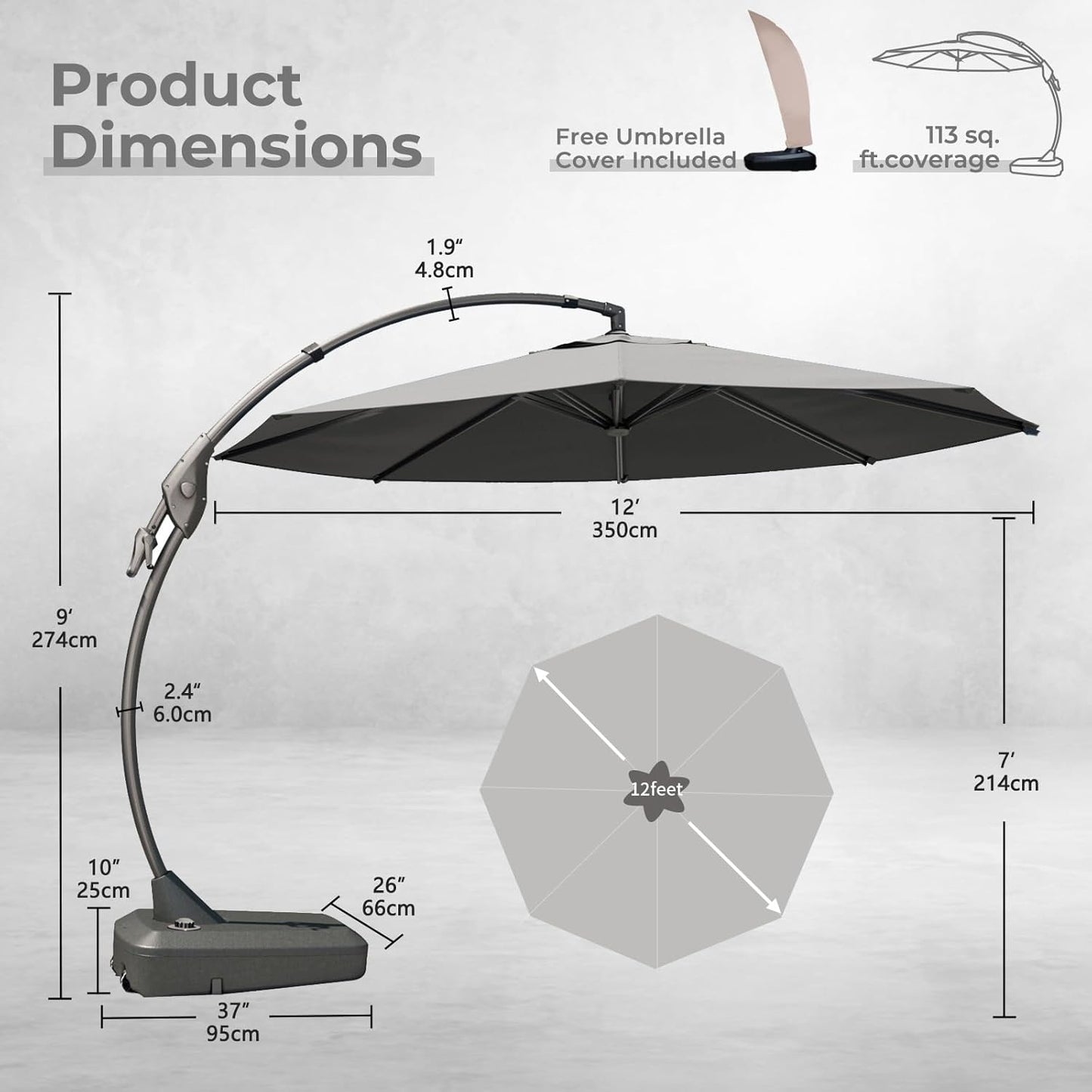 Grand patio 12FT Outdoor Offset Umbrella Large Round Aluminum Cantilever Umbrella with Base for Garden Deck Poolside (Gray, 12 FT)