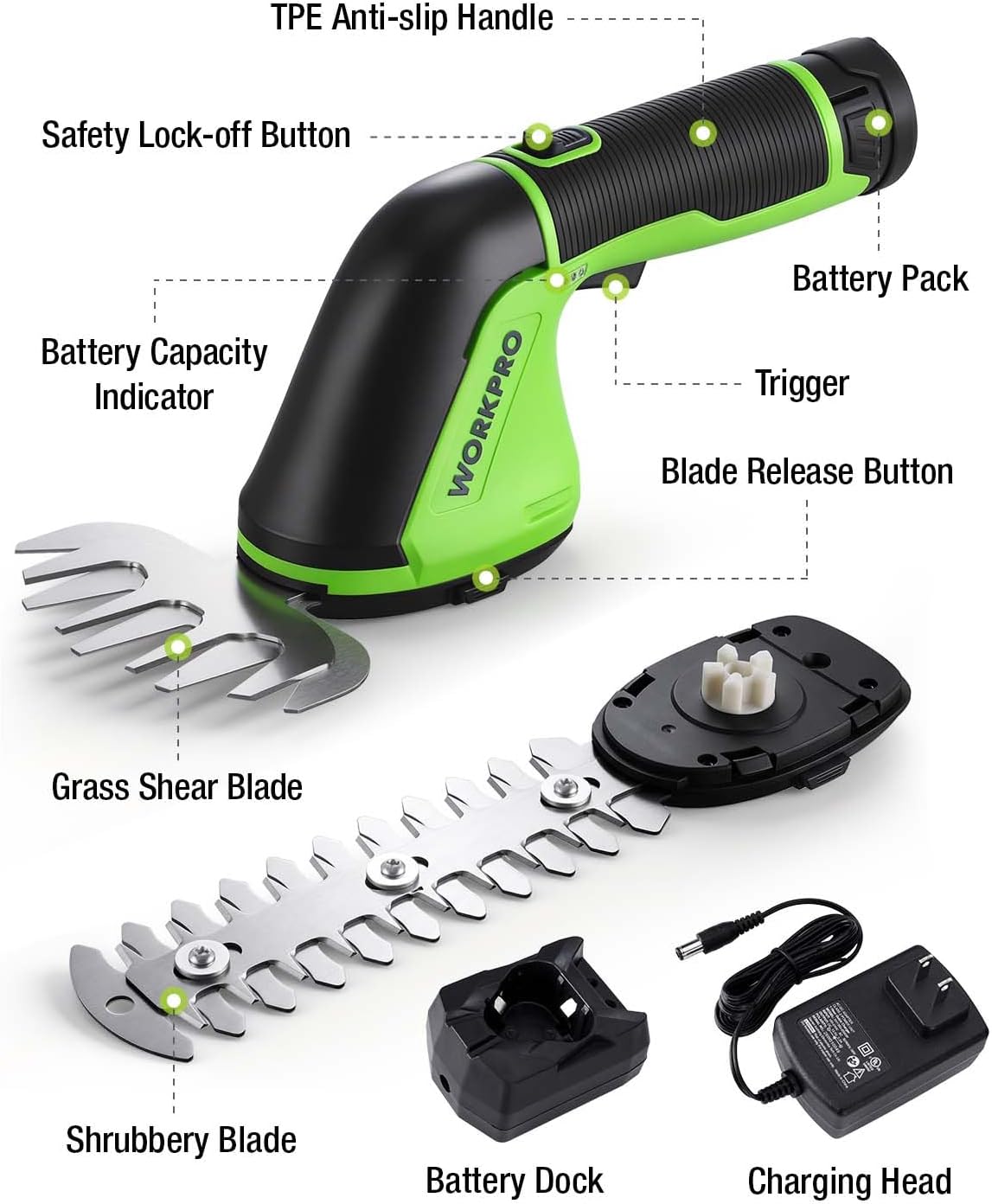 WORKPRO 12V Cordless Grass Shear, 2-in-1 Electric Hedge Trimmer & Grass Cutter, with 2.0Ah Rechargeable Battery, 1-Hour Fast Charger, Lightweight Handheld Bush Trimmer for Lawn and Garden