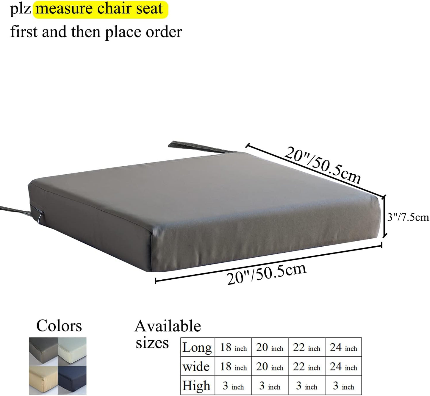 Patio Chair Cushions Set of 2 Non Slip Bottom Chair Pad with Ties Waterproof Square Outdoor Seat Cushion Replacement for Garden Swing Furniture 20x20 Inch, Light Khaki