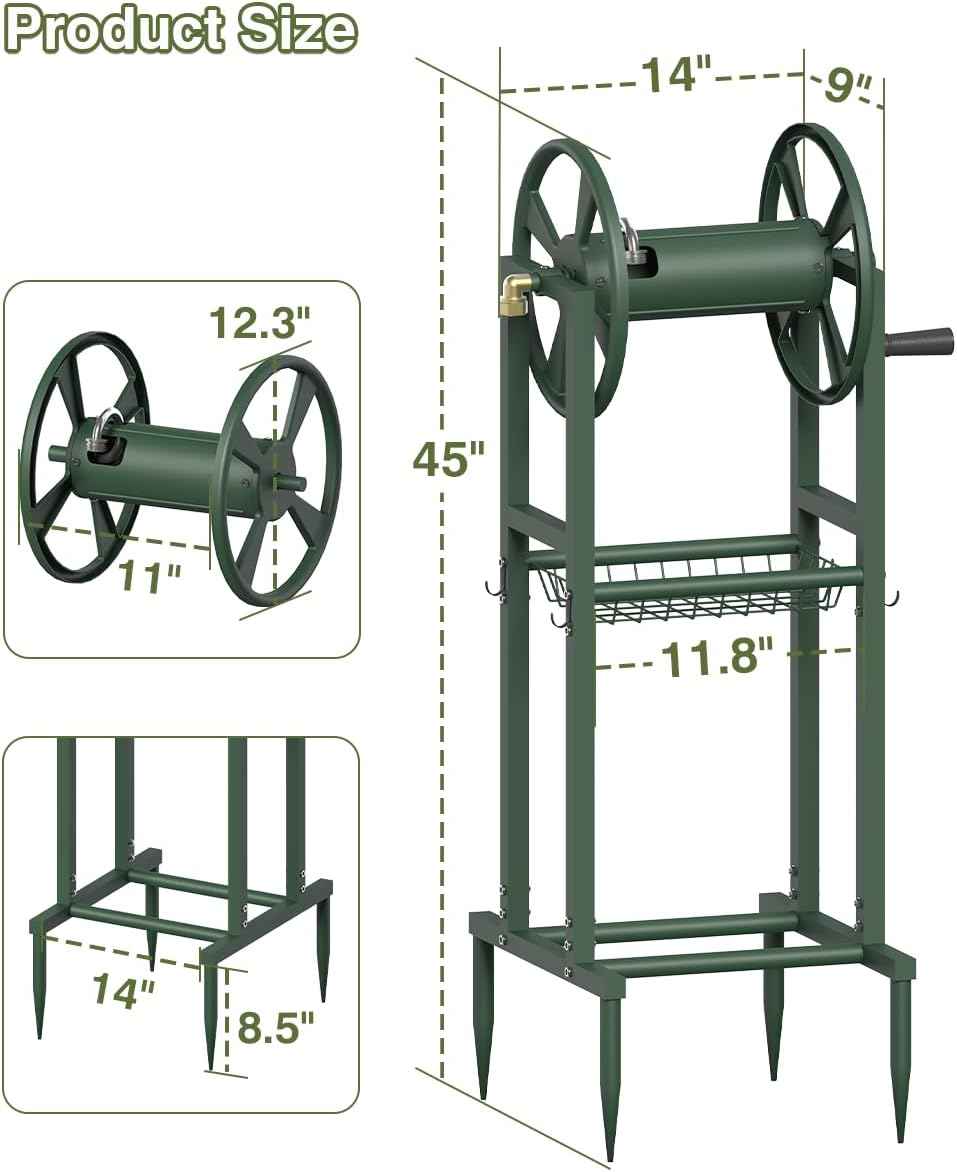 Freestanding Garden Hose Reel holds 125ft Hose of 5/8" with 4 Hooks, 4-Spike Outdoor Hose Holder with 3.9ft Leader Hose & Brass Fitting, Detachable Metal Hose Stand with Storage Rack, Green