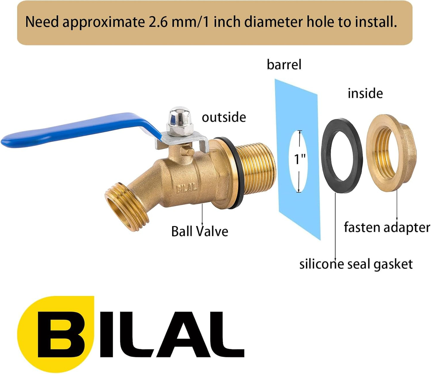 BILAL Brass Water Container/Rain Barrel Spigot, 3/4" GHT Male Threaded Quarter Turn Ball Valve with Bulkhead Fitting, Rain Barrel Kit for Garden Hose Thread Connection, 5 55 Gallon Bucket