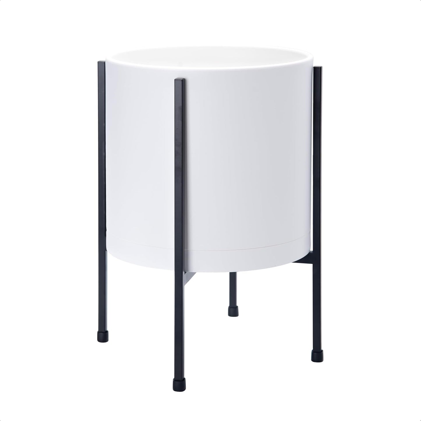 D'vine Dev 10 Inch White Planter Pot with Stand – Modern Plastic Cylinder Flower Pot with Heavy-Duty Metal Stand for Indoor Plants, 55-D-A-2