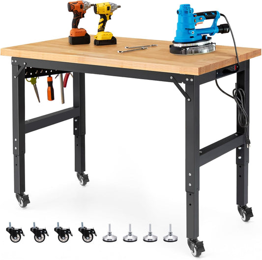 Workbench for Garage 48 Inch Work Bench with Wheels Adjustable Height Work Bench with Pegboard, Power Outlets for Woodworking, Home, Office, Workshop