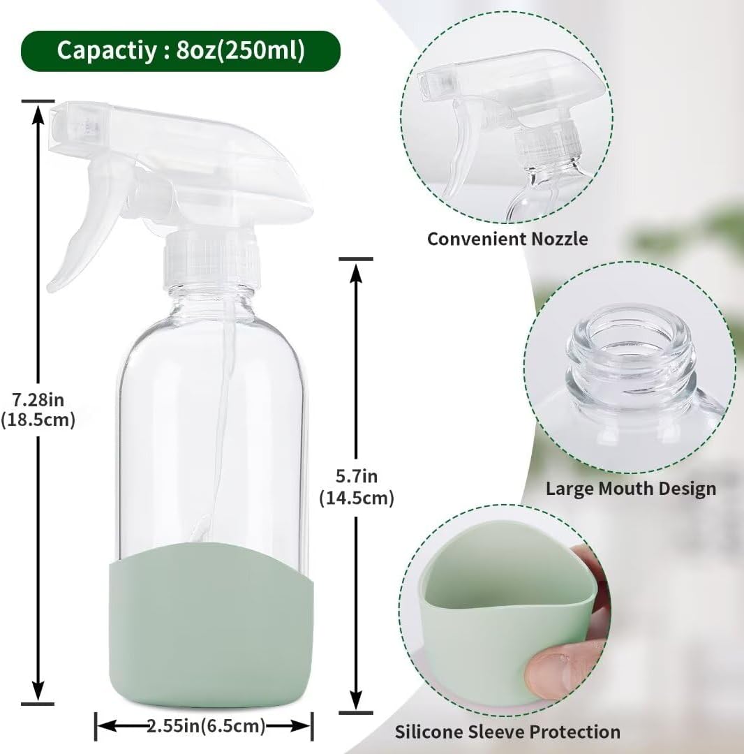 HOMBYS 8 Oz Empty Clear Glass Spray Bottles with Silicone Sleeve Protection Refillable Containers for Cleaning Solutions, Essential Oils, Misting Plants - Quality Sprayer - 1 Pack Boston Bottles