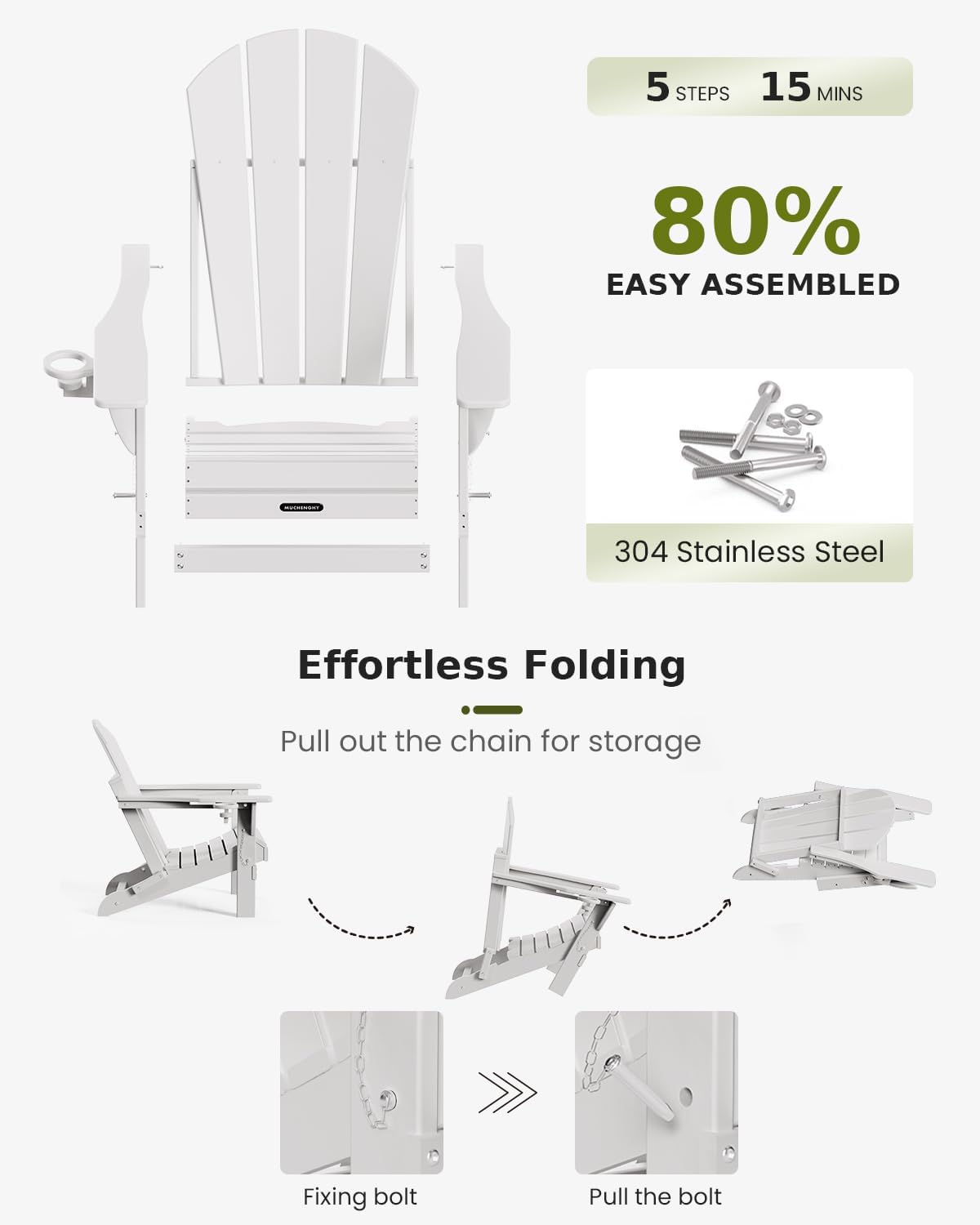 MUCHENGHY Folding Adirondack Chairs 6 Pack, Patio Chairs, Lawn Chairs, Outdoor Chairs, Adirondack Chair Plastic, Fire Pit Chairs, Weather Resistant with Cup Holder for Deck, Backyard, Garden(White)