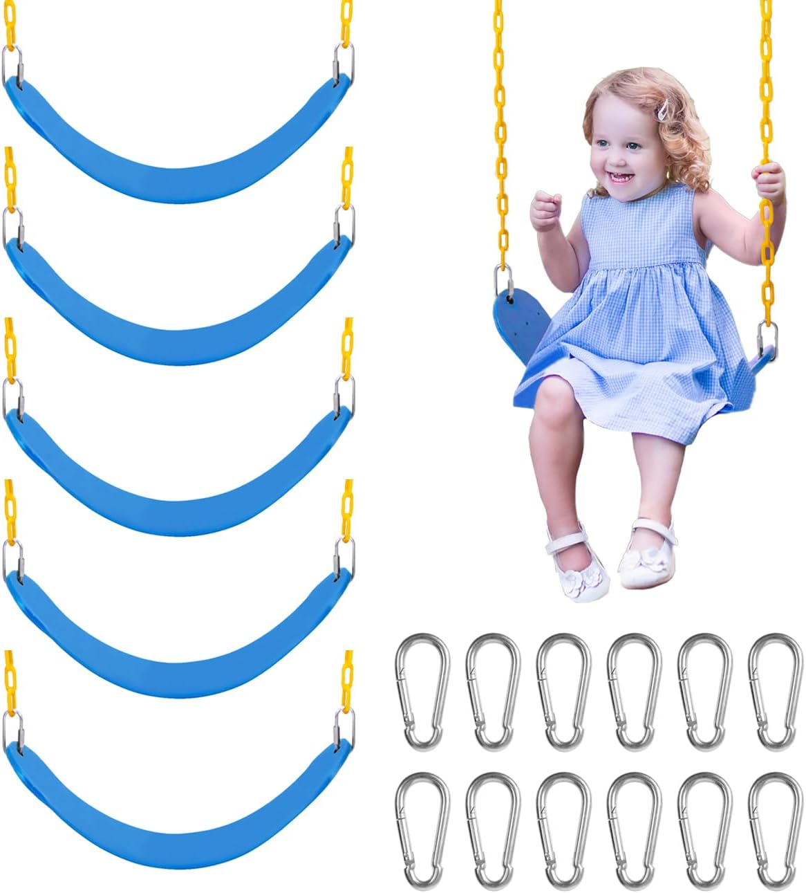 Sunnyglade 6 PCS Swings Seats Heavy Duty with 66" Chain, Playground Swing Set Accessories Replacement with Snap Hooks, Support 250lb (6, Blue)
