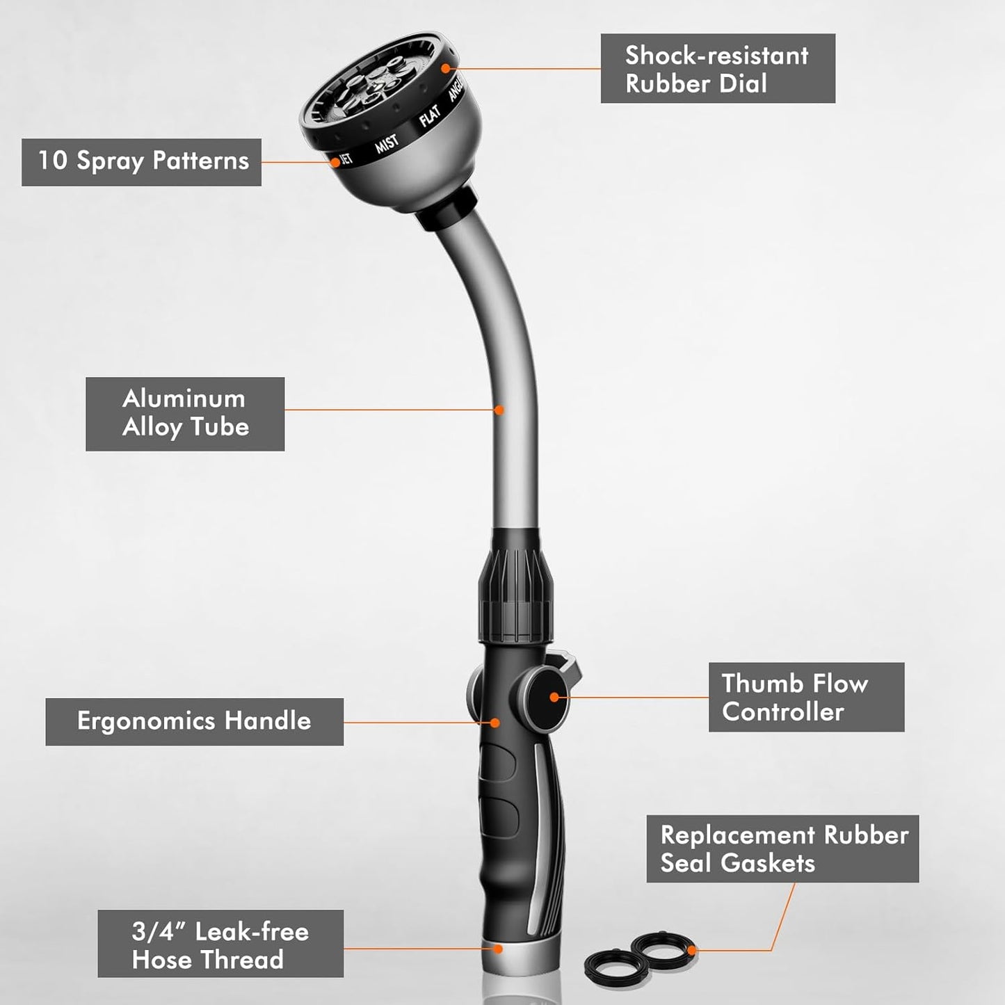 RESTMO Watering Wand Heavy Duty, Metal Garden Hose Wand with Thumb Flow Control, 15-Inch Long Hose Nozzle Sprayer with 10 Spray Patterns, Ideal to Water Hanging Baskets and Shrubs, Silver