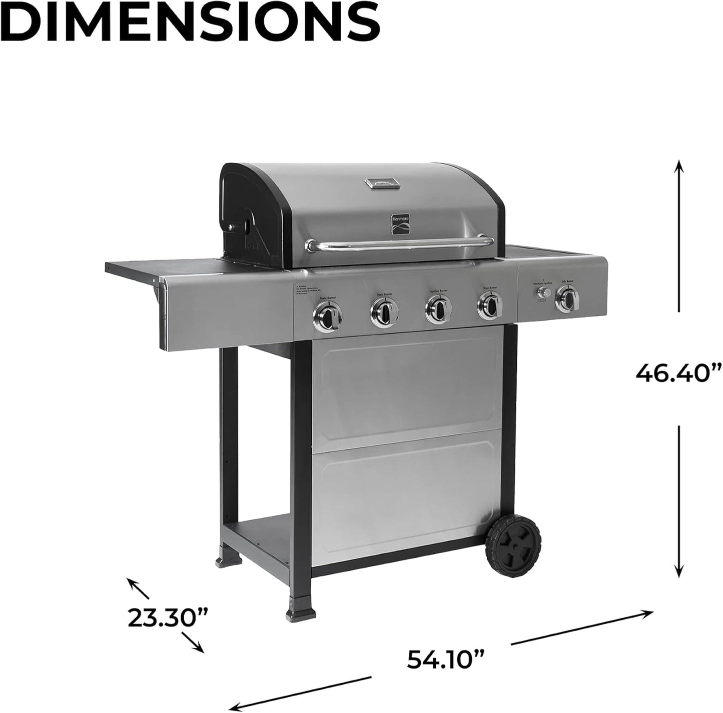 Kenmore 4-Burner Gas Grill with Side Burner, Outdoor BBQ Grill, Propane Gas Grill, Cast Iron Cooking Grates, Electronic Ignition, Warming Rack, Open Cart Design, 53000 BTUs, Stainless Steel