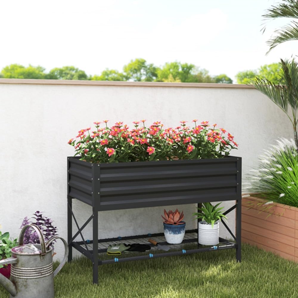 Elevated Metal Raised Planter with Shelf, 41" Galvanized Steel Garden Bed, Ergonomic Height for Outdoor Gardening, Balcony(Dark Gray)