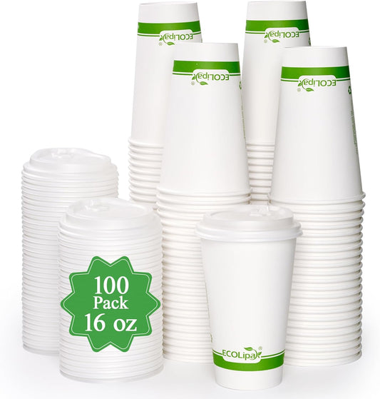 ECOLipak 100 Count 16 oz Compostable Paper Coffee Cups, Biodegradable Disposable Coffee Cups with CPLA Lid, Eco-friendly Hot Drinking Cups for Parties, Picnics, Travels,and Events