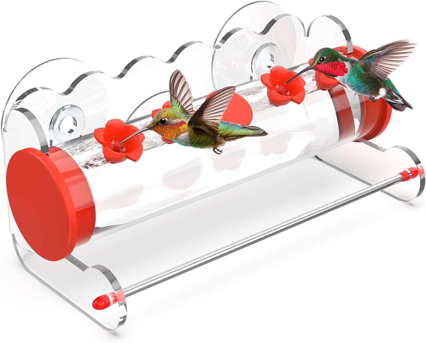 Window Hummingbird Feeder 10oz,4 Feeding Ports with Leak-Proof Design & Ultra Strong Suction Cups,Durable Plastic Bird Feeder Easy to Clean Refill, Outdoor/Indoor Use (Red Flower Top)