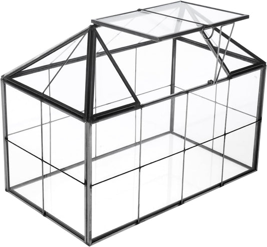 HighFree Geometric Terrarium Planter with Swing Lid, House Shape Black Handmade Glass Box, Vintage Tabletop Miniature Terrarium, for Succulent, Cacti, Air Plants (Not Watertight - 9.2x5.5x7.3 inch)