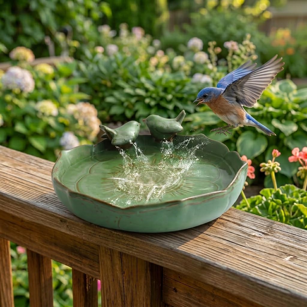 Ceramic Bird Bath for Outside on Ground, 9.45-Inch Birds Bath Bowl Only, Ground Bird Feeders and birdbath for Outdoors, Garden, Tabletop, Deck, Balcony and Lawn