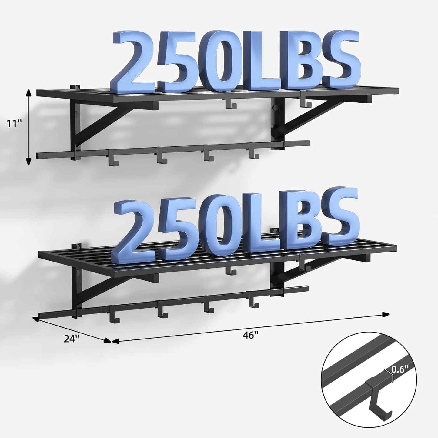 2-Pack 2x4ft Garage Shelving Wall Mounted, Heavy Duty Garage Storage Shelves with 12 Hooks, 2' x 4' Wall Mount Shelves with 500LBS Capacaity