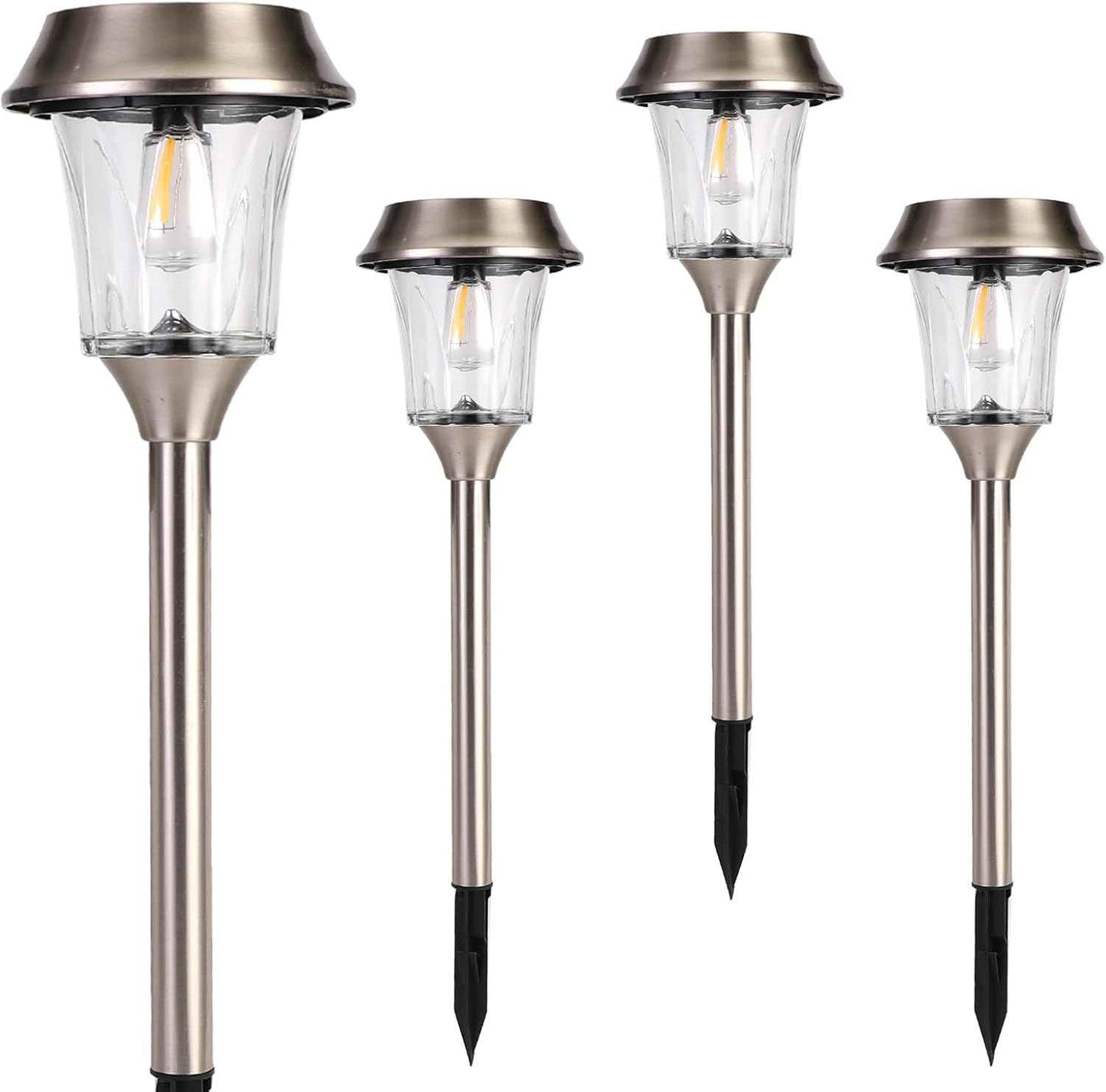 Solar Pathway Lights Outdoor 4 Pack, Stainless Steel & Glass Solar Garden Lights, Auto Dusk to Dawn IP65 Waterproof LED Path Lights for Yard, Lawn, Walkway, Driveway