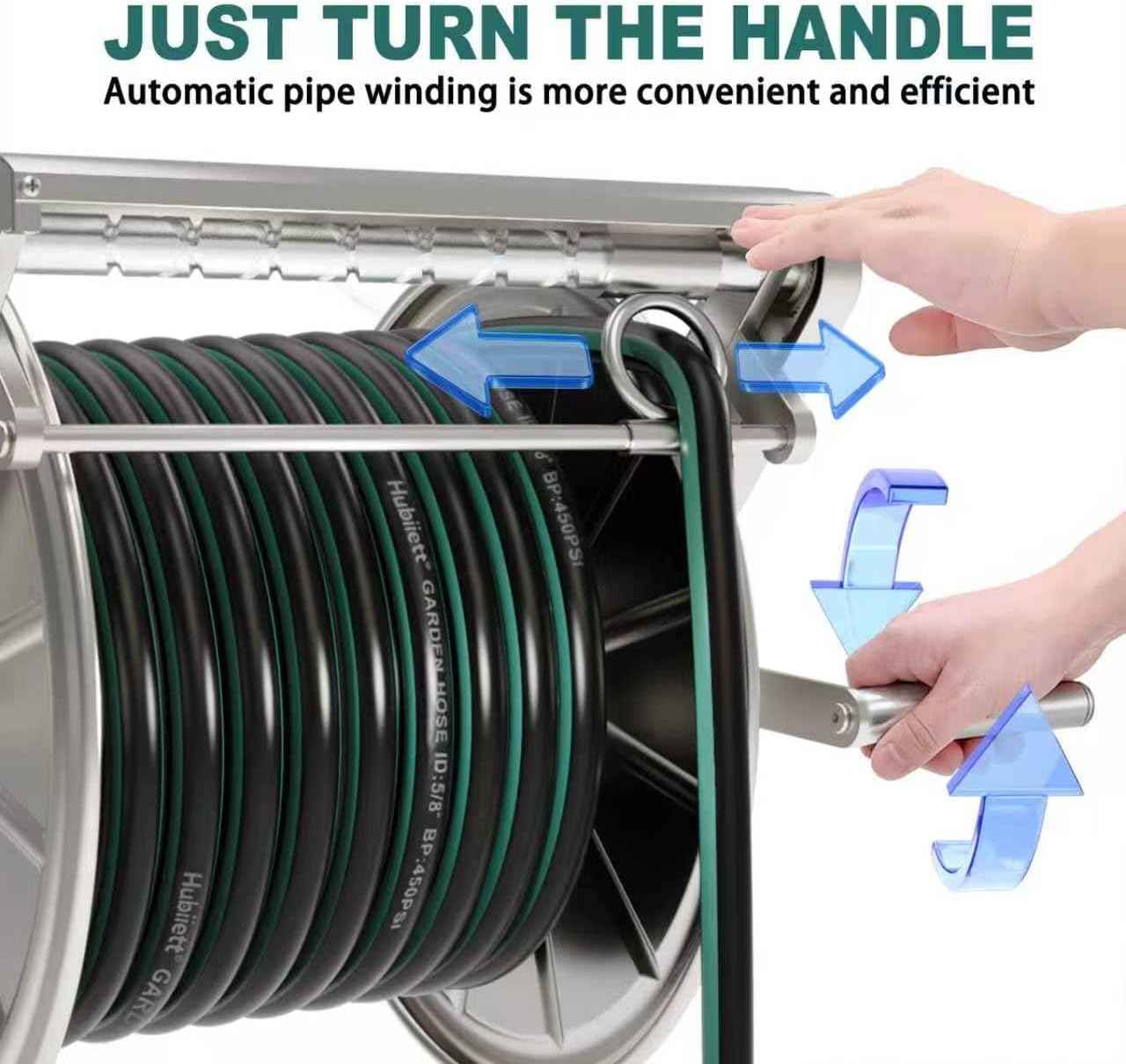 Stainless Steel Garden Hose Reel with 5/8" x 100 ft Heavy Duty Hose, Wall Mount Water Hose Holder, Hose Reels with Crank Handle for Outside, Lawn, Yard, Garage