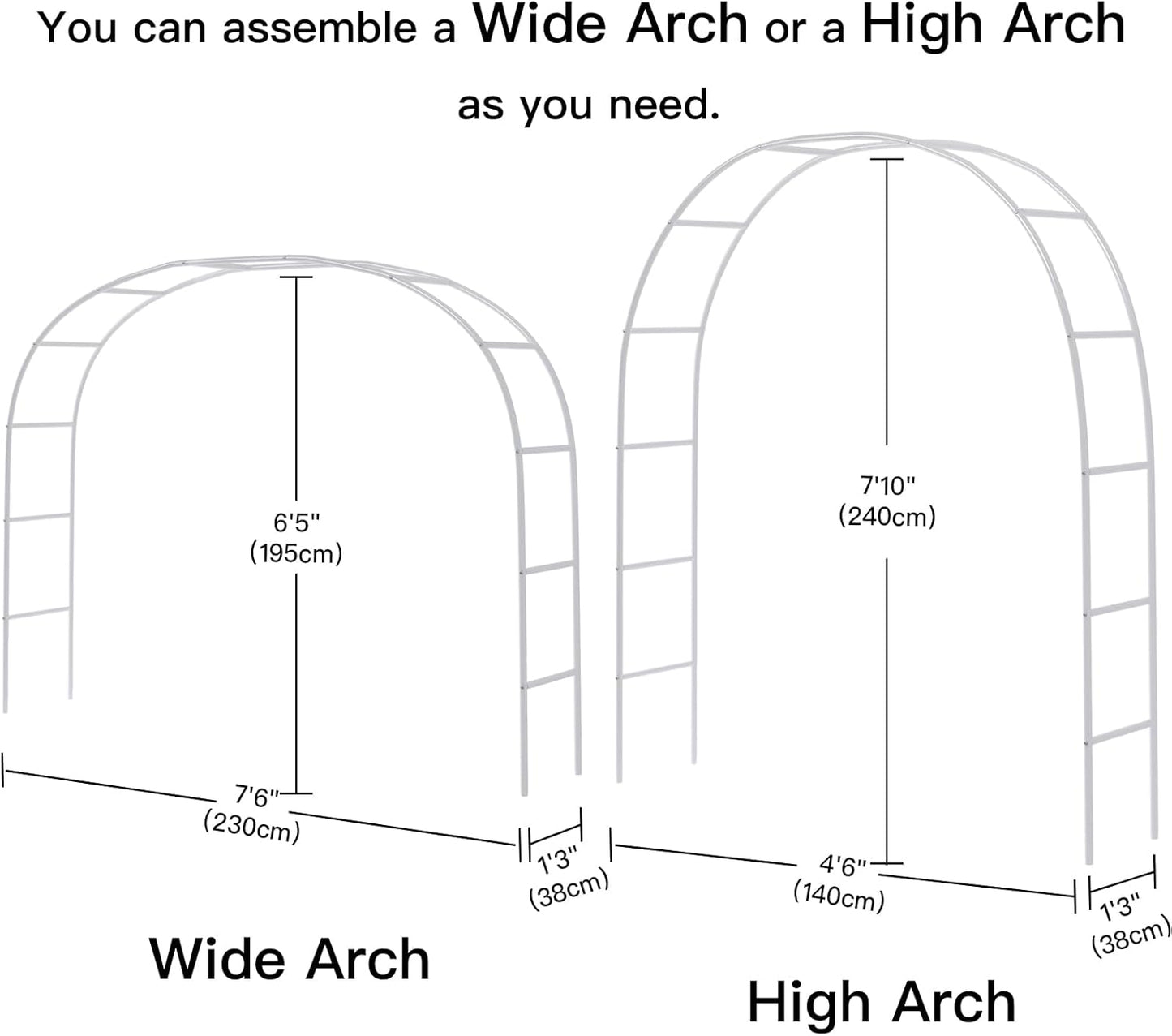 RUBFAC Metal Garden Arch, Wedding & Event Decoration, Garden Trellis for Climbing Plants, Assemble Freely 2 Sizes for Various Climbing Plant Roses Vines Bridal Party Decoration White, 1 Pack