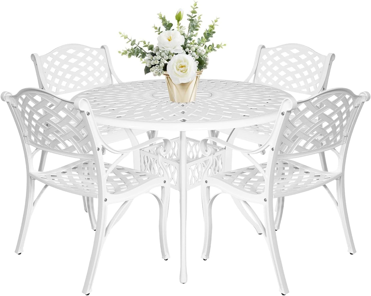 42 Inch Outdoor Patio Dining Table Round Cast Aluminum Table with 1.97" Umbrella Hole, All Weather Metal Bistro Table for Porch,Backyard,Garden,Balcony,White