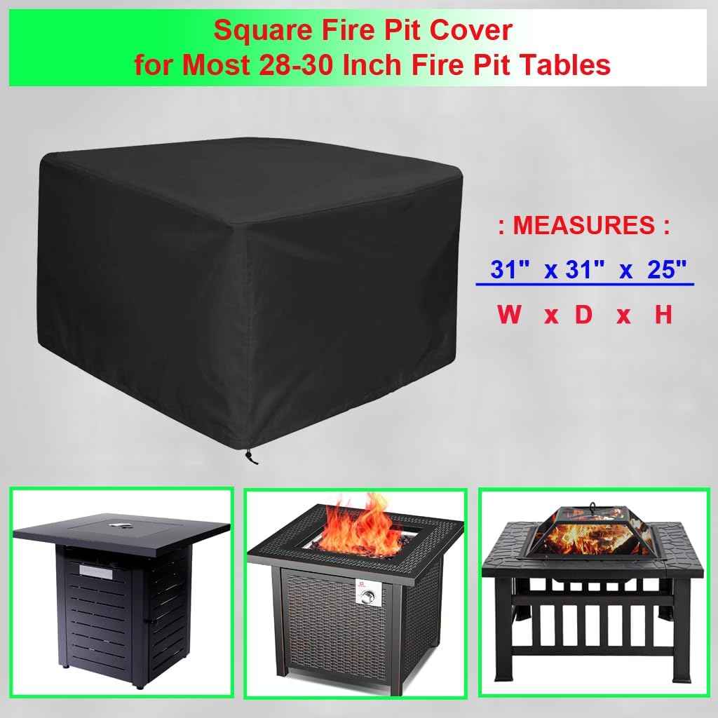 30 Inch Square Fire Pit Cover for 28-30 Inch Fire Pit Tables, 600D Heavy Duty Waterproof 31 x 31 x 25 Inches Patio Propane Gas Firepit Cover Square Outdoor, Black