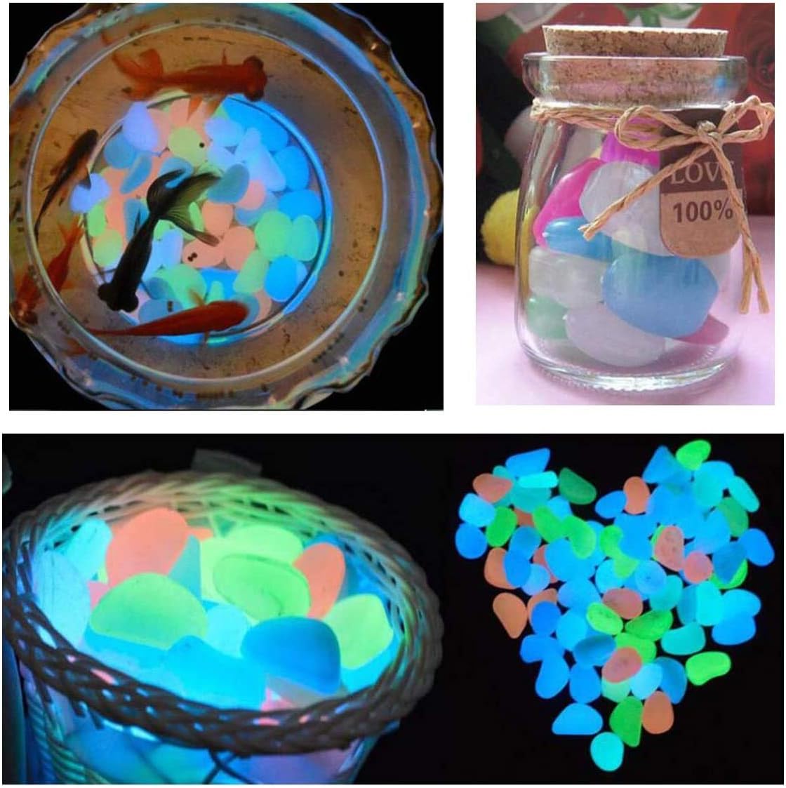 Oubest Glow in The Dark Pebbles/Glow Stones/Glowing Rocks Blue Decor for Garden/Fish Tank/Aquarium/Walkway/Driveway/Plant Pots/Bonsai (500, Multi-Colored)