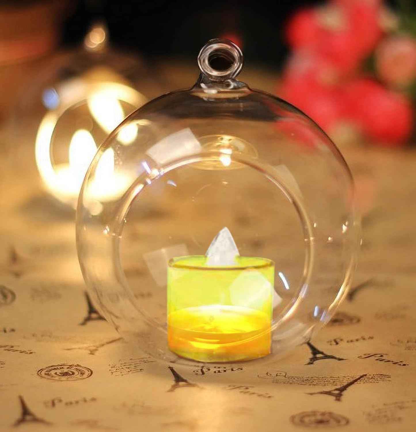 10 Pack 3.54"/90mm Acrylic Hanging Tealight Candle Holder with 10 Pack Flameless LED Candles, Globe Ornament for Air Plant, Tea Light Candlestick for Home Party Decor Wedding Birthday Christmas