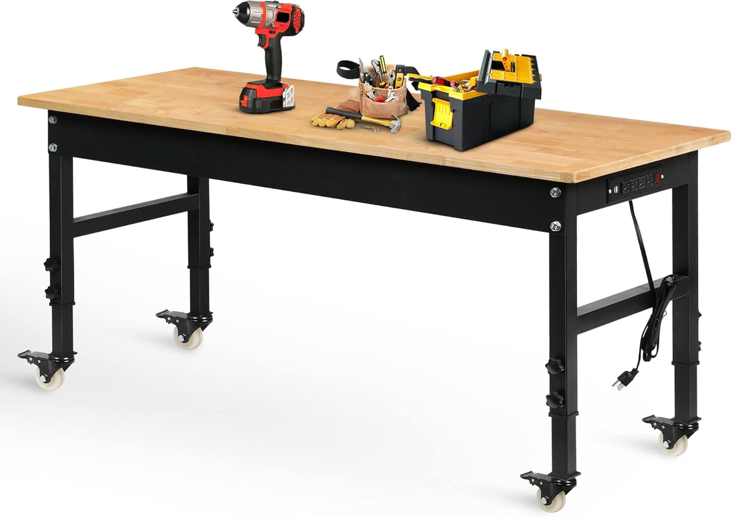 60" Adjustable Workbench for Garage, Rubber Wood Heavy Duty Workstation with Power Outlets & Wheels, 2000 LBS Load Capacity Hardwood Worktable for Workshop, Garage, Office, Home, Commercial