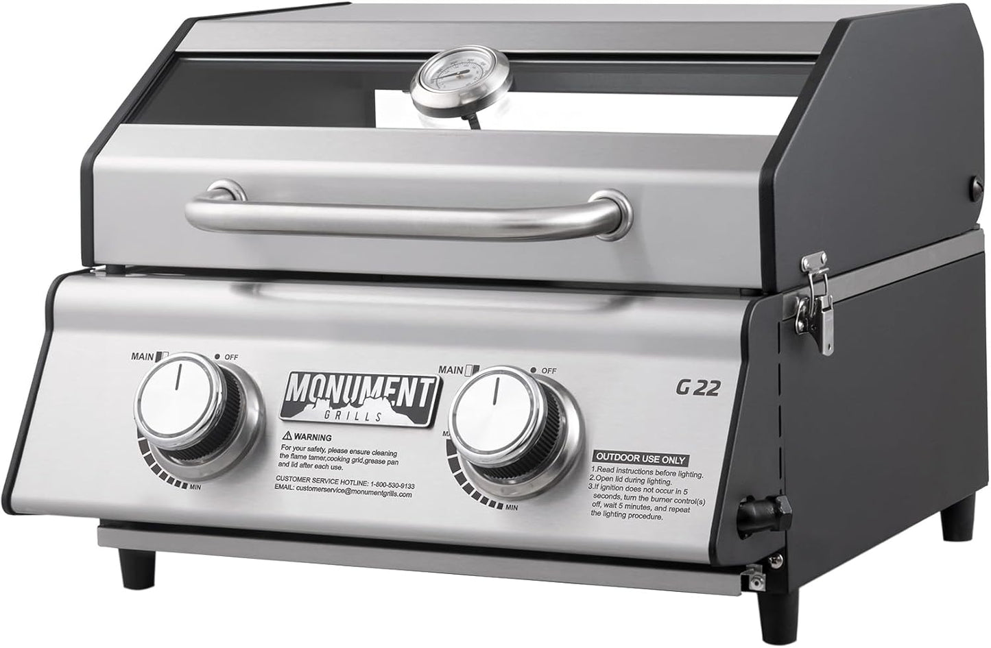 Portable Propane Gas Grill 2-Burner Tabletop Clearview® Monument Grills for Outdoor Camping Cooking, Two 15,000 BTU Burners, Stainless Steel, and Built-in Thermometer