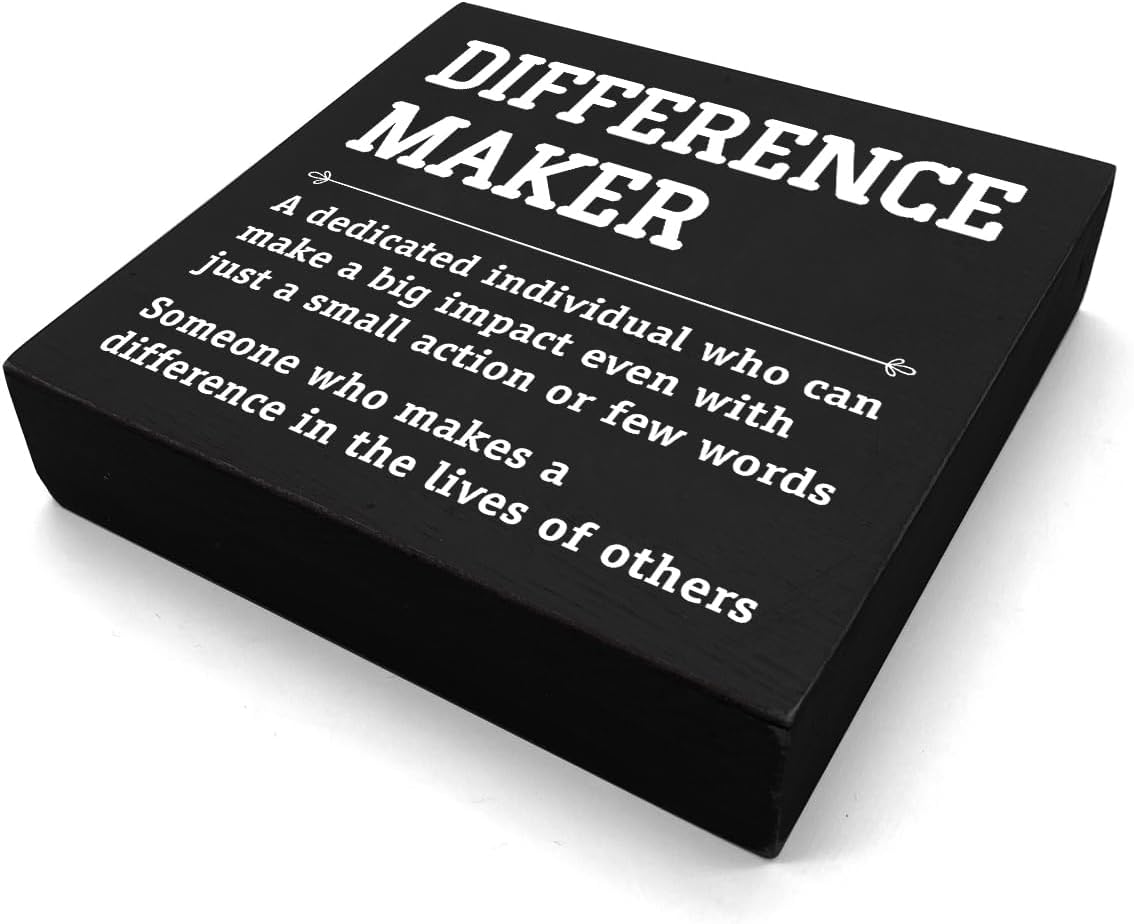 HTBIG Difference Maker Thank You Gifts Office Decor Funny Inspirational Desk Decor Coworker Gifts for Women Men Teacher Boss Day Retirement Rustic Wooden Box Sign for Tabletop Office Bookshelf Black