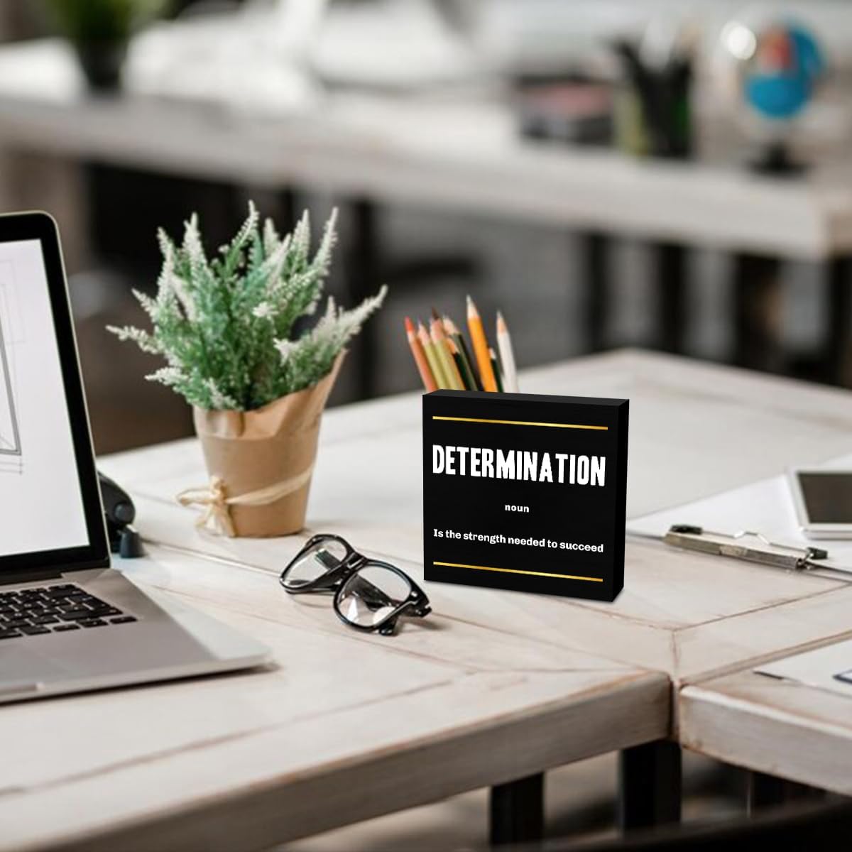 Determination Noun Entrepreneur Black Wooden Box Sign, Inspirational Office Decor Decorative Table Shelf Desk Decor, Rustic Workplace Farmhouse Home Bedroom Office Decorations Desk Accessories