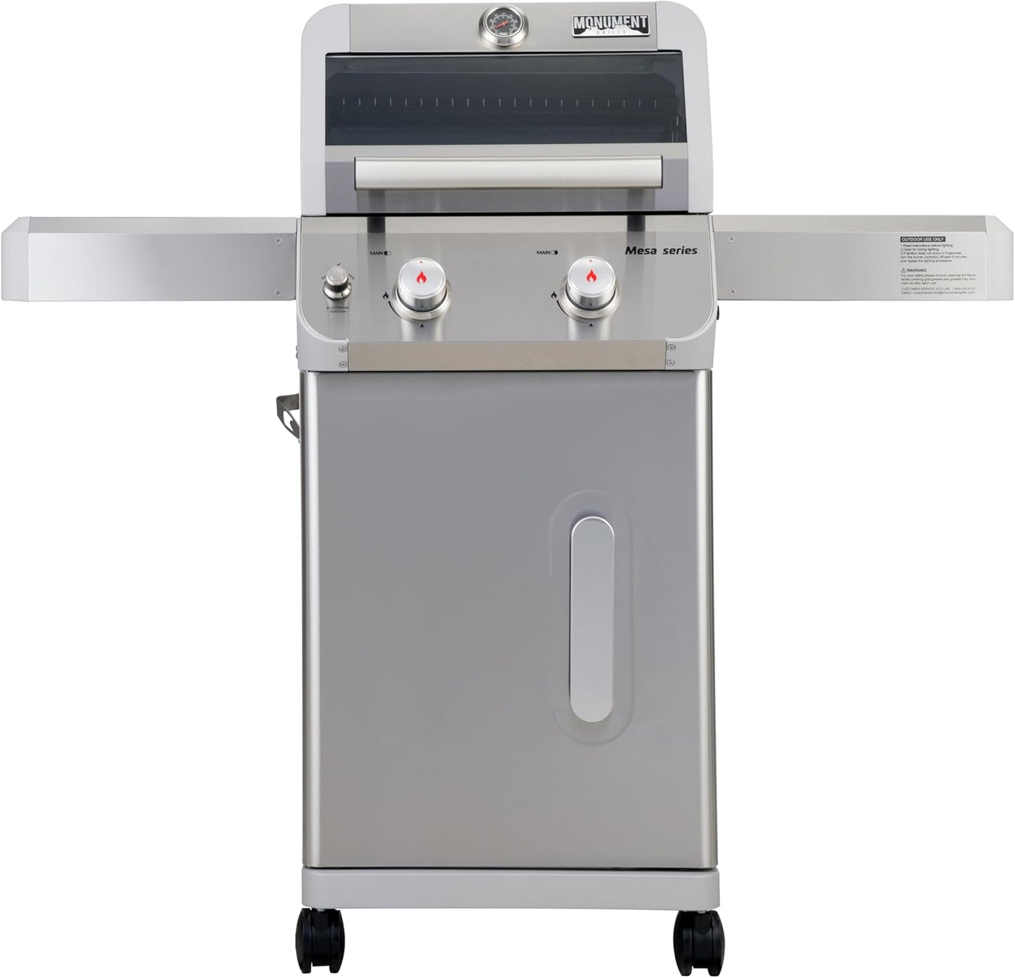 Monument Grills 2-Burner Stainless Steel Liquid Propane Gas Grill, Two Foldable Shelves Patio Garden Barbecue Grill with Clearview® Lid, Knob Control Mesa200S
