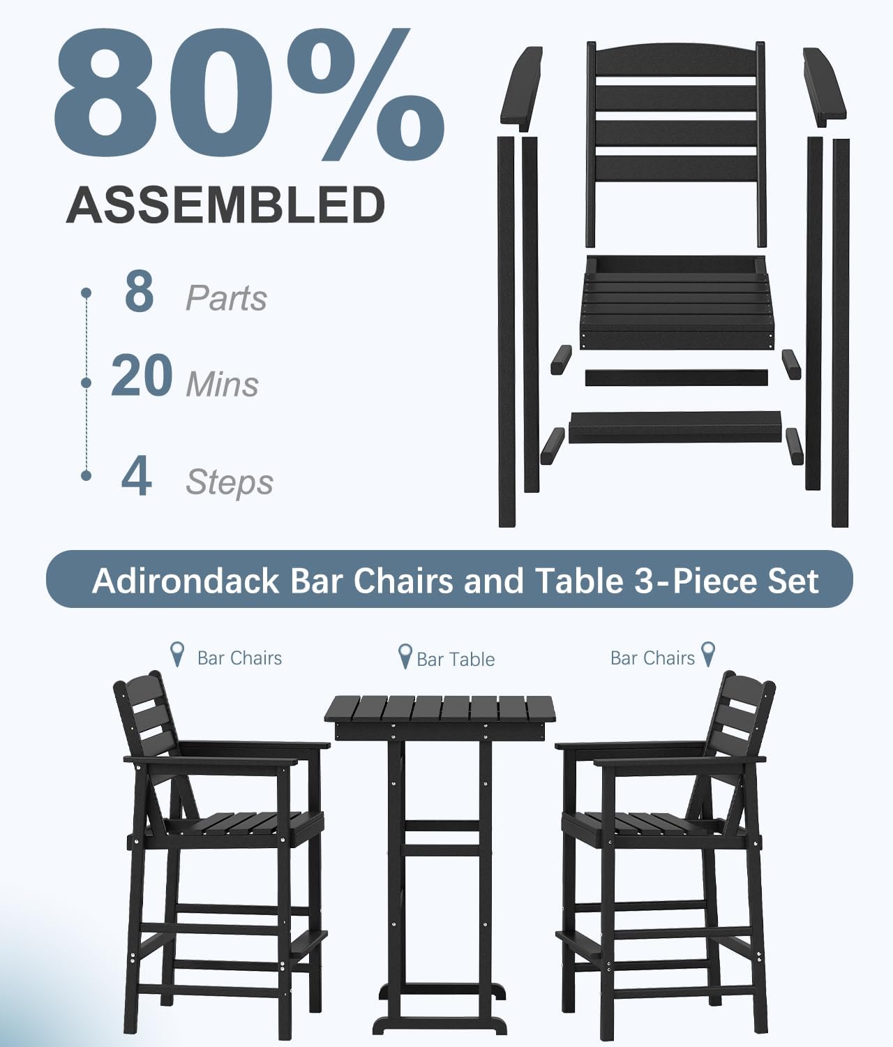 NAVINE 3-Piece Adirondack Bar Table and Chair Set, HDPE All-Weather Bar Height Chairs Set of 2 with Bar Table, Outdoor Patio Bar Set for Bistro, Balcony, Patio, Poolside, Black