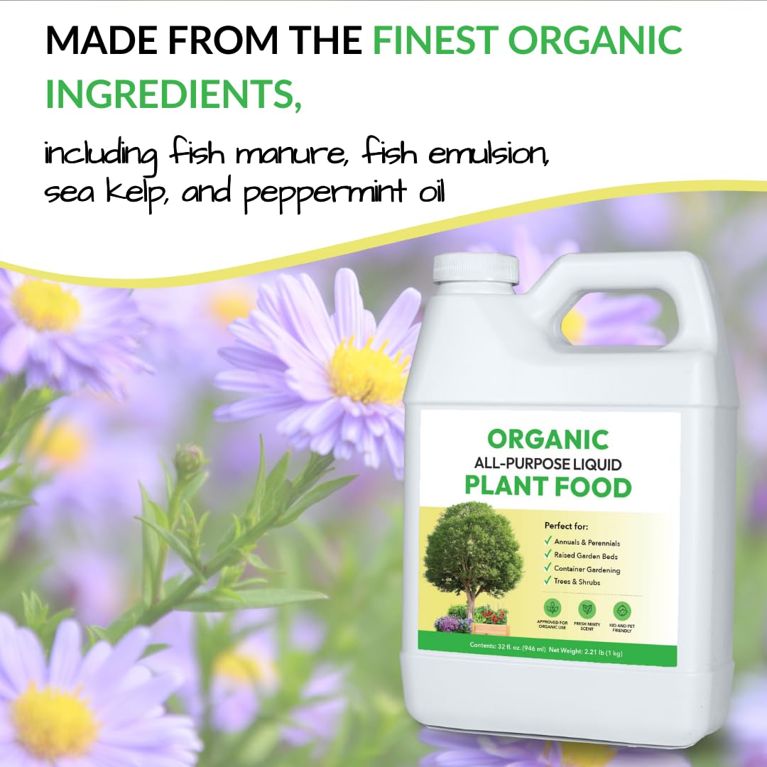 Organic All-Purpose Liquid Plant Food - Use on All Outdoor Plants: Flower Beds, Vegetable Gardens, Container Gardening | Concentrated Liquid Fertilizer Alternative (32oz, Mixes to 32 Gallons)