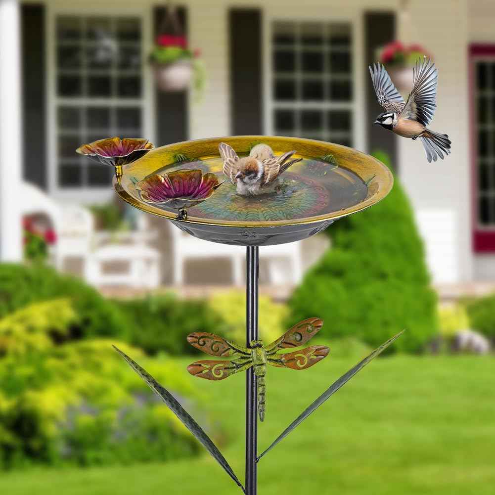 DREAMSOUL 39" Tall Bird Bath with Dragonfly Stake, Metal Birdbath with Flower Feeders, Freestanding Bird Bath for Outside Garden Yard Patio