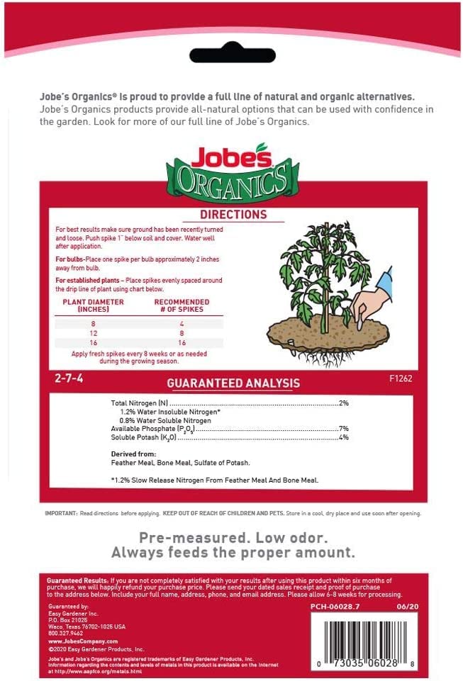 Jobe’s Organics Vegetable & Tomato Fertilizer Spikes, 2-7-4 Time Release Fertilizer for All Vegetables, Herbs and Tomato Plants, 50 Spikes per Package (4, 1 Pack)