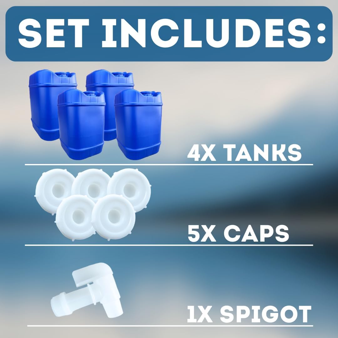 5-Gallon Stackable Water Storage Containers, 5 Gallons Each w/Lids + Spigot, Easy Fill, Survial Supply Emergency Water Storage for Camping and Disaster Preparedness, RV, 20 Gallon (4 Tanks)
