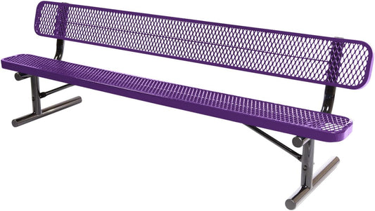 Heavy-Duty Portable Outdoor Bench Thermoplastic Coated, Expanded Metal, Commercial-Grade Seating, Made in America (Portable with Back, 8 Ft, Textured Purple)