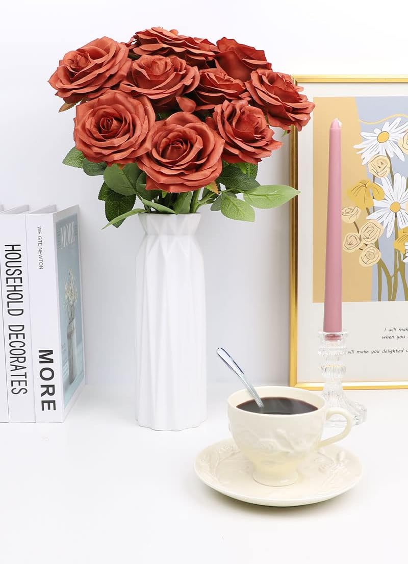 LVEFIT Artificial Rose Flowers Burnt Orange Rose Flowers Silk Flowers 12 pcs with Long Stem Silk Roses Bouquet for Wedding Bridal Shower Party Home Decoration