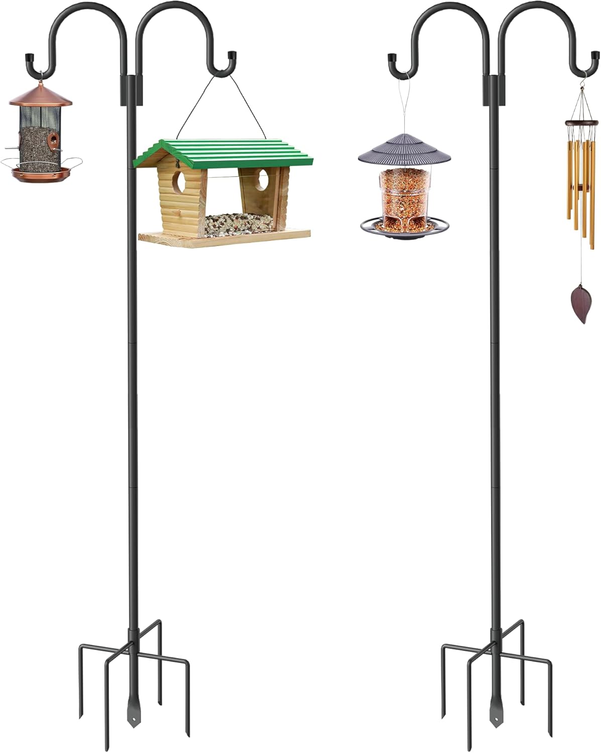 Highpro Double Shepherds Hooks for Outdoor, 2 Pack 79 Inch Heavy Duty Garden Pole for Hanging Bird Feeder, Bird Feeder Hook Plant Baskets,Garden Plant Hanger Stands with 5 Base Prongs