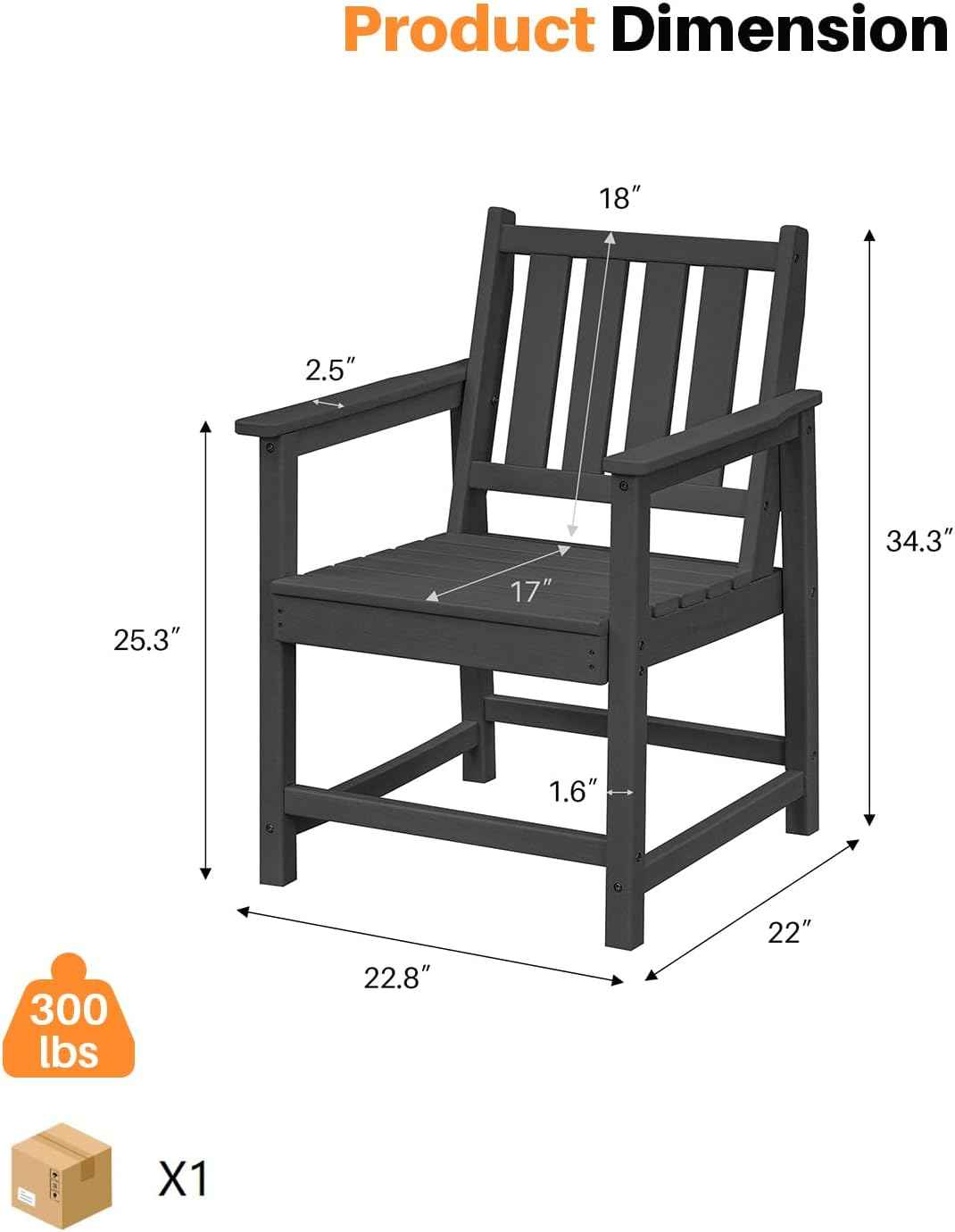 HDPE Dining Chair Set of 4, Outdoor Dining Chair with Deep Seating, All Weather HDPE Patio Dining Chairs, Ergonomic Outdoor Chairs Furniture for Backyard, Poolside, Garden, Deck, Obsidian