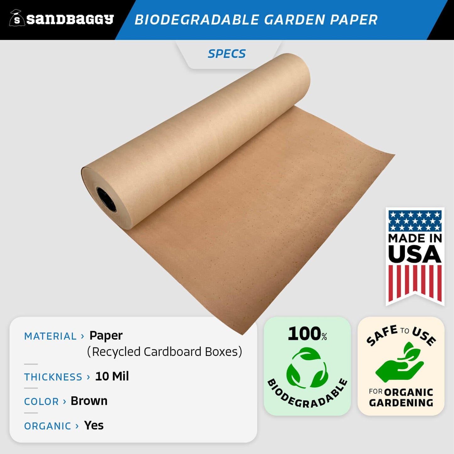 Sandbaggy Biodegradable Landscape Fabric - Garden Paper for Weeds - Paper Mulch Rolls - Made in America (2 ft x 50 ft, 1)