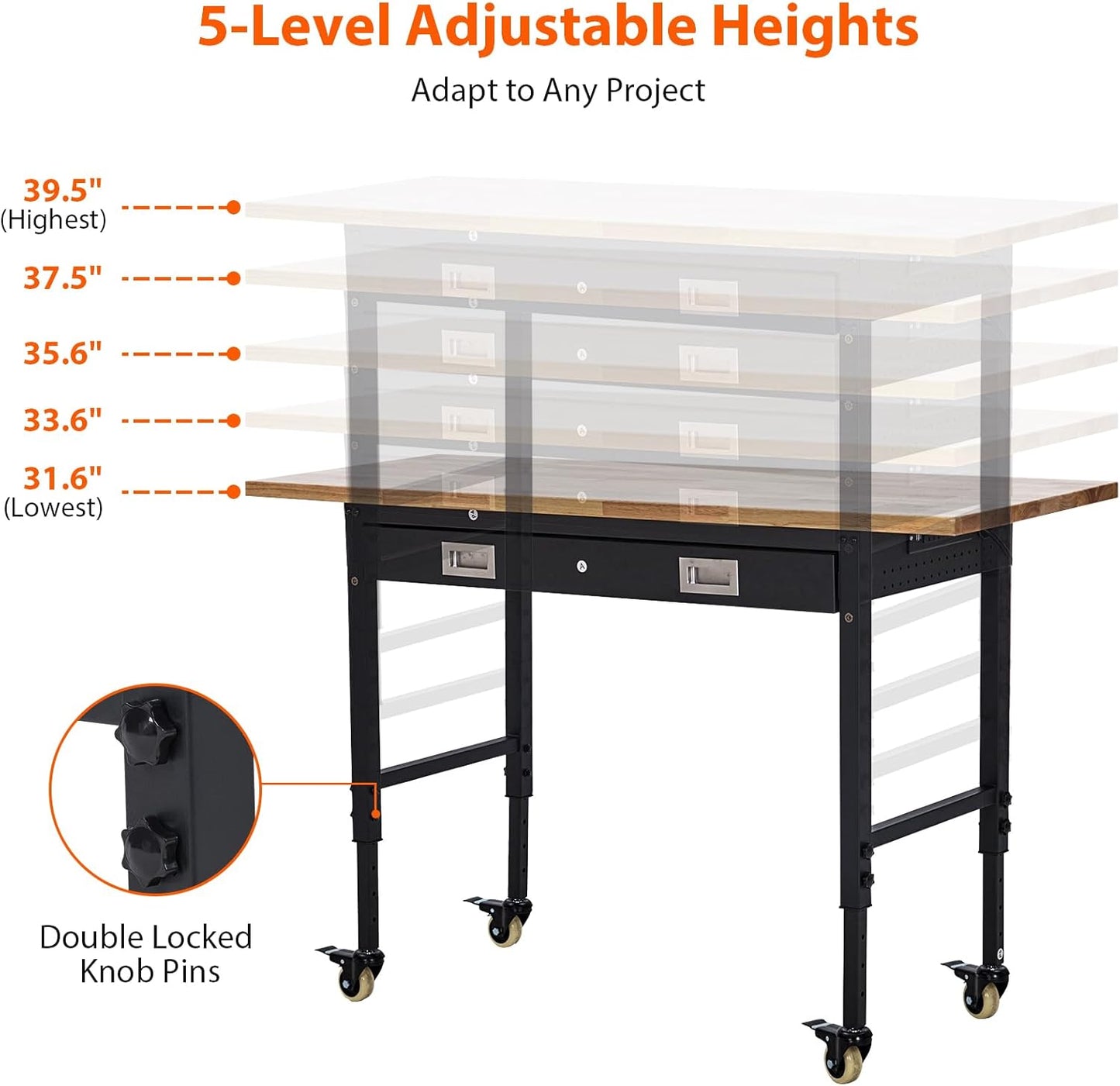 60" Adjustable Workbench with Drawer Storage, Rubber Wood Top Work Table for Garage, Heavy Duty Worktable with Removable Pegboard, Power Outlet, Hooks, Tool Storage Bench for Warehouse Workshop